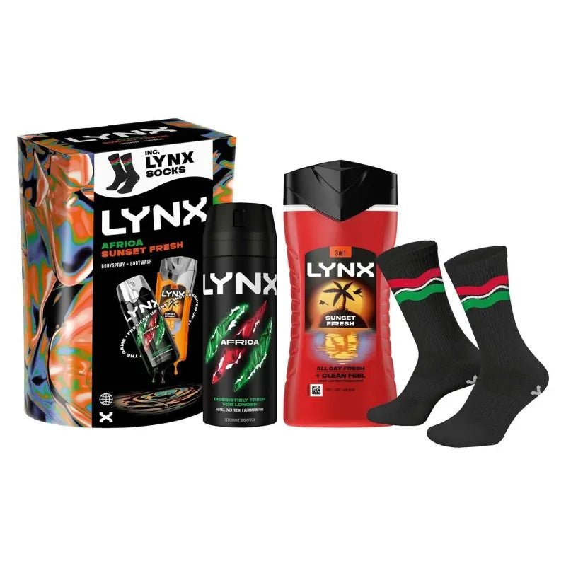 Lynx Mix 3Pce Sock Set(Africa Deo & Sunset Gel)X4 (Pack of 4)