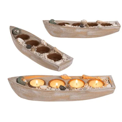830466 Wooden Boat 4 Tealites Set (Pack of 6)
