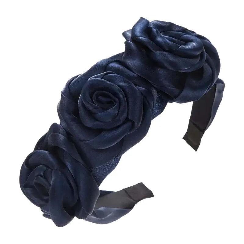 3 Rose Satin H/Band Navy (Pack of 6)