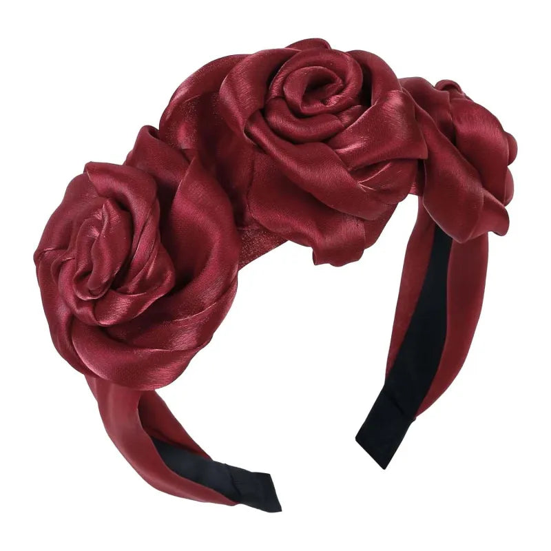 3 Rose Satin H/Band Wine (Pack of 6)