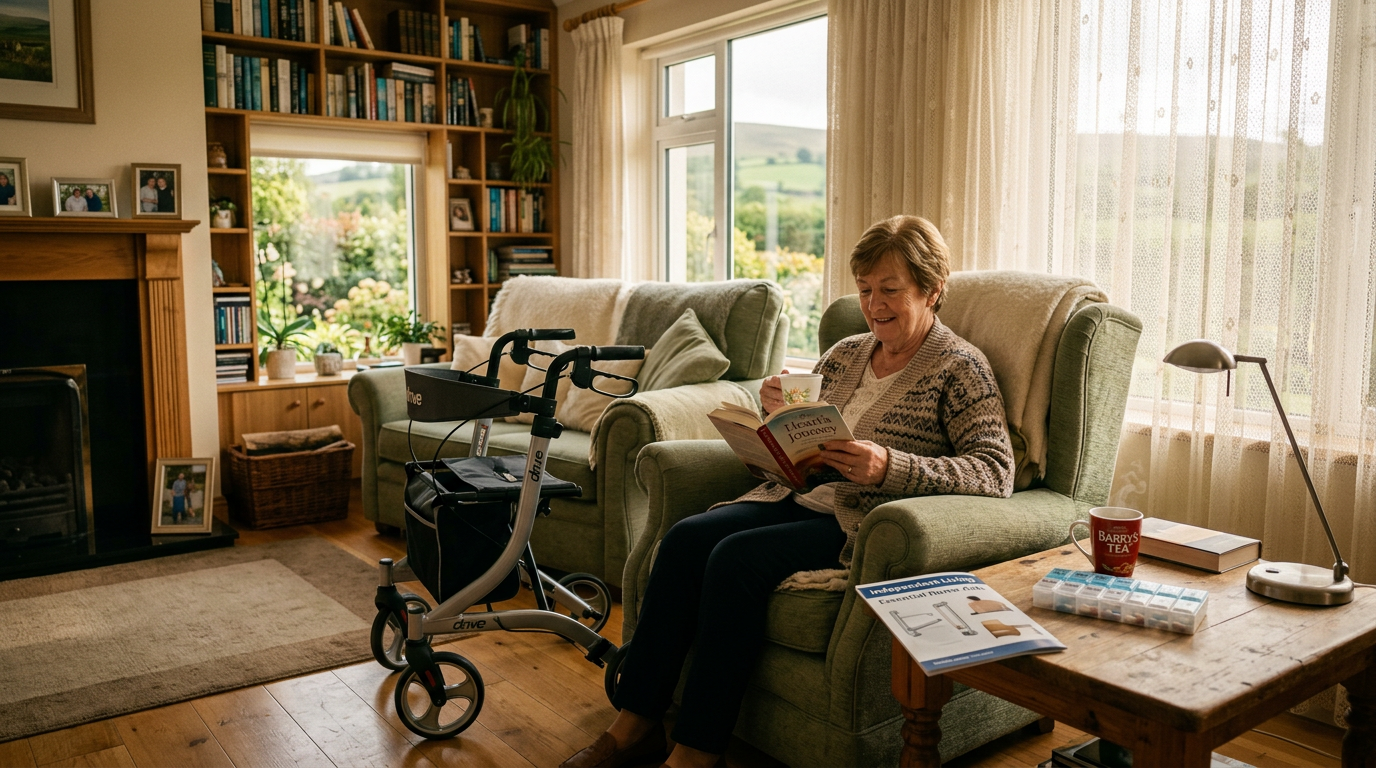 A bright Irish living room with a rollator walker, daily living aids and assistive equipment arranged for comfortable home care