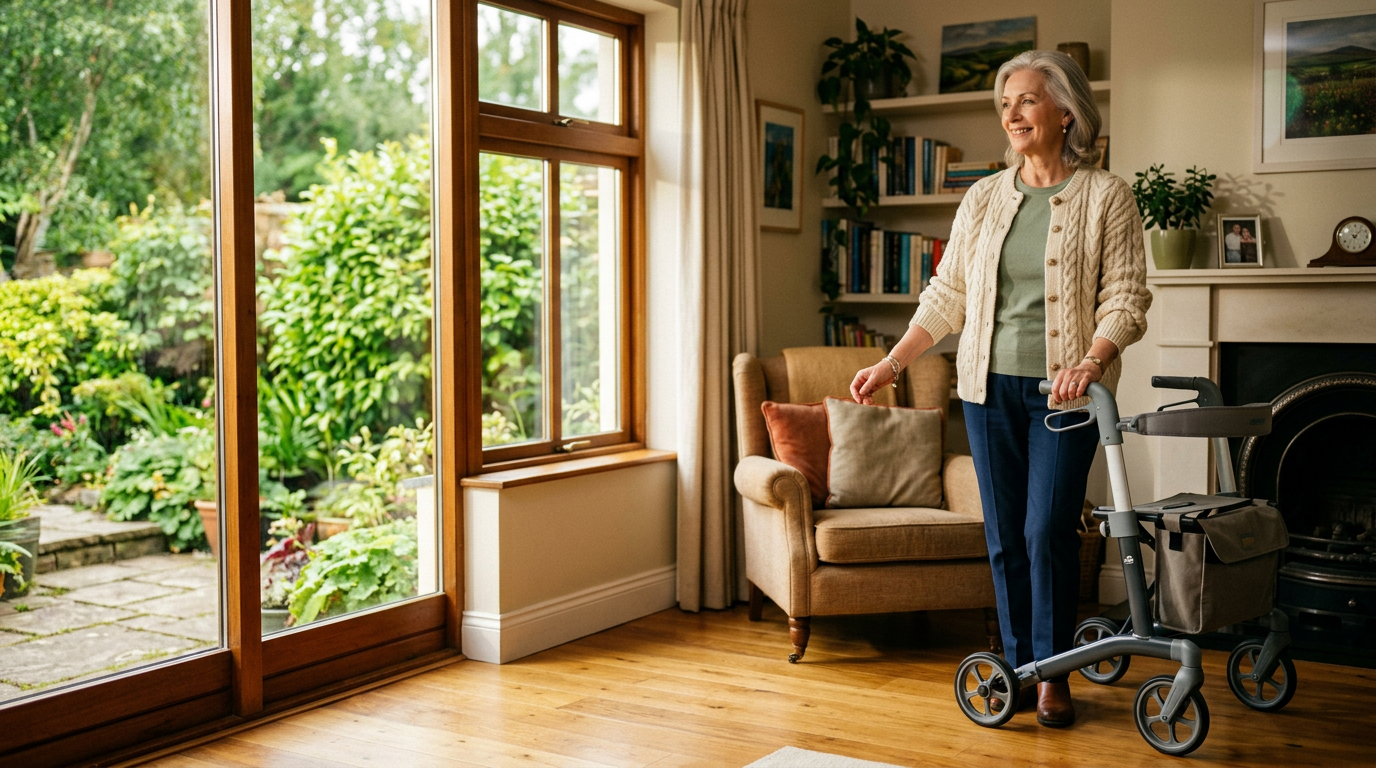 Woman standing confidently in a bright Irish home interior using a modern aluminium rollator walking frame