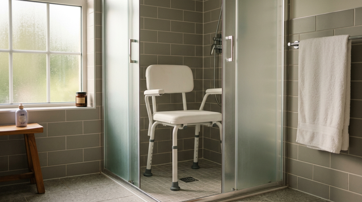 A sturdy white shower chair positioned inside a tiled walk-in shower in a modern Irish bathroom with chrome fixtures and natural light