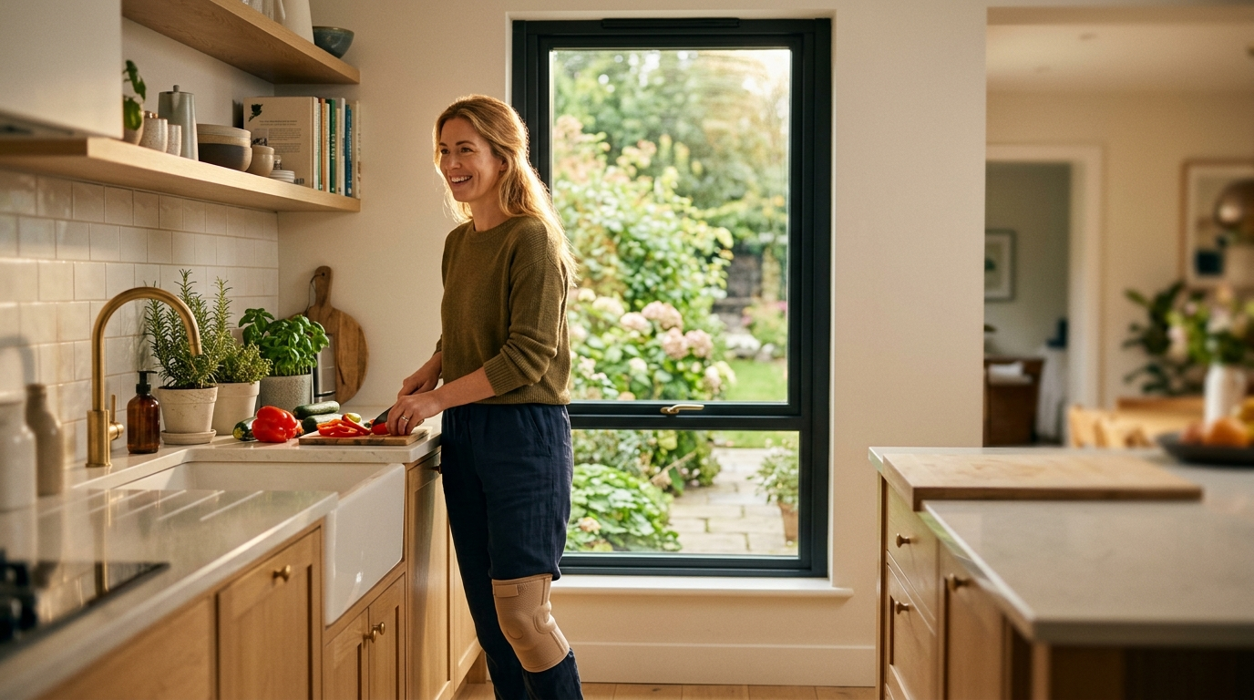 Person wearing a beige knee support brace standing confidently in a bright Irish home kitchen