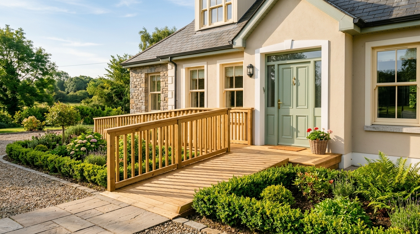 Newly installed wooden access ramp at the front door of an Irish home in morning sunlight, representing housing adaptation grant improvements