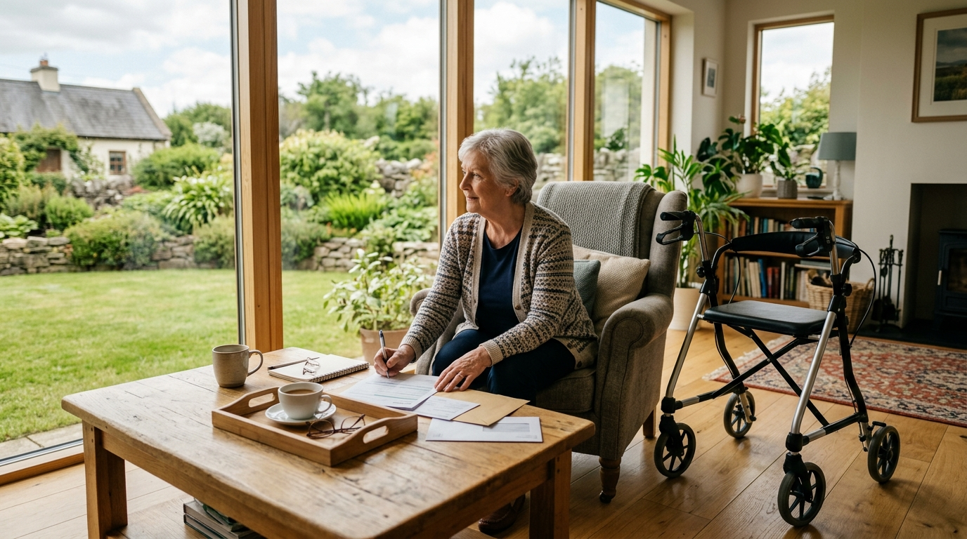A rollator walker beside an armchair in a bright Irish living room with grant application paperwork on a coffee table