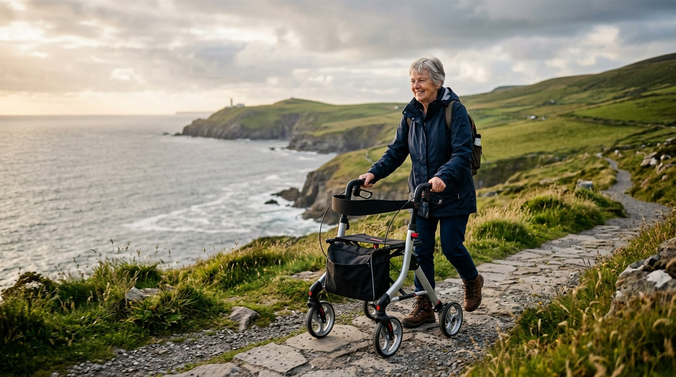Person using a rollator walker on an outdoor coastal path in Ireland, demonstrating steady and confident movement on uneven terrain