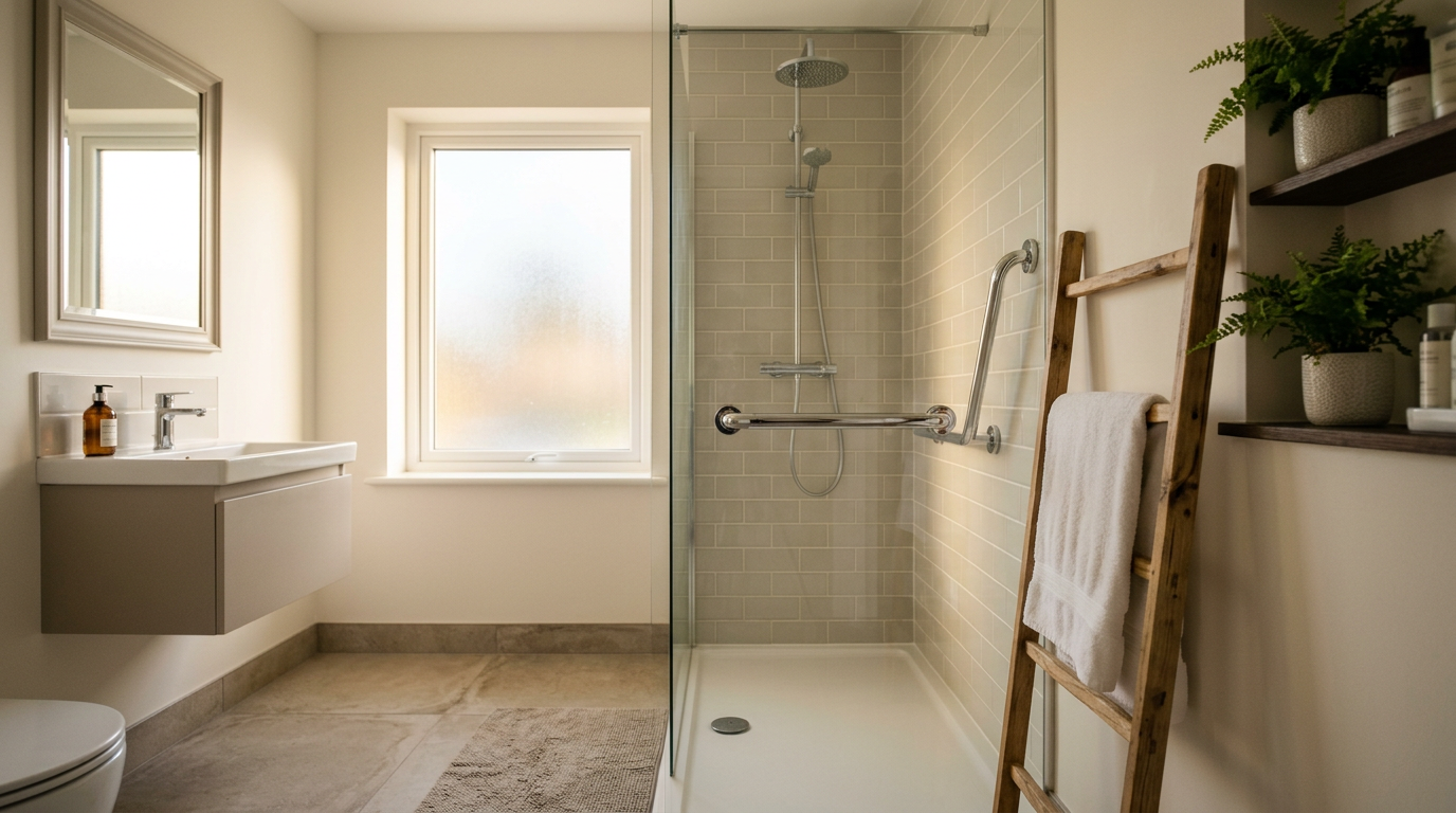 Polished chrome grab rail mounted beside a modern walk-in shower in an Irish bathroom