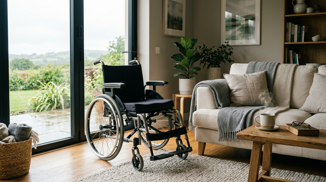 A manual wheelchair positioned in a bright, modern Irish home living room with natural light and warm neutral decor