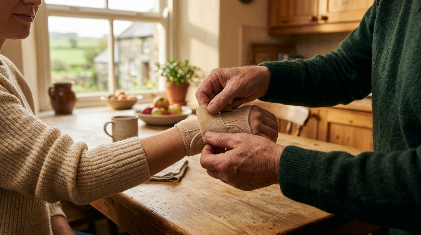 Person fastening a wrist joint support brace in a warm, sunlit kitchen setting
