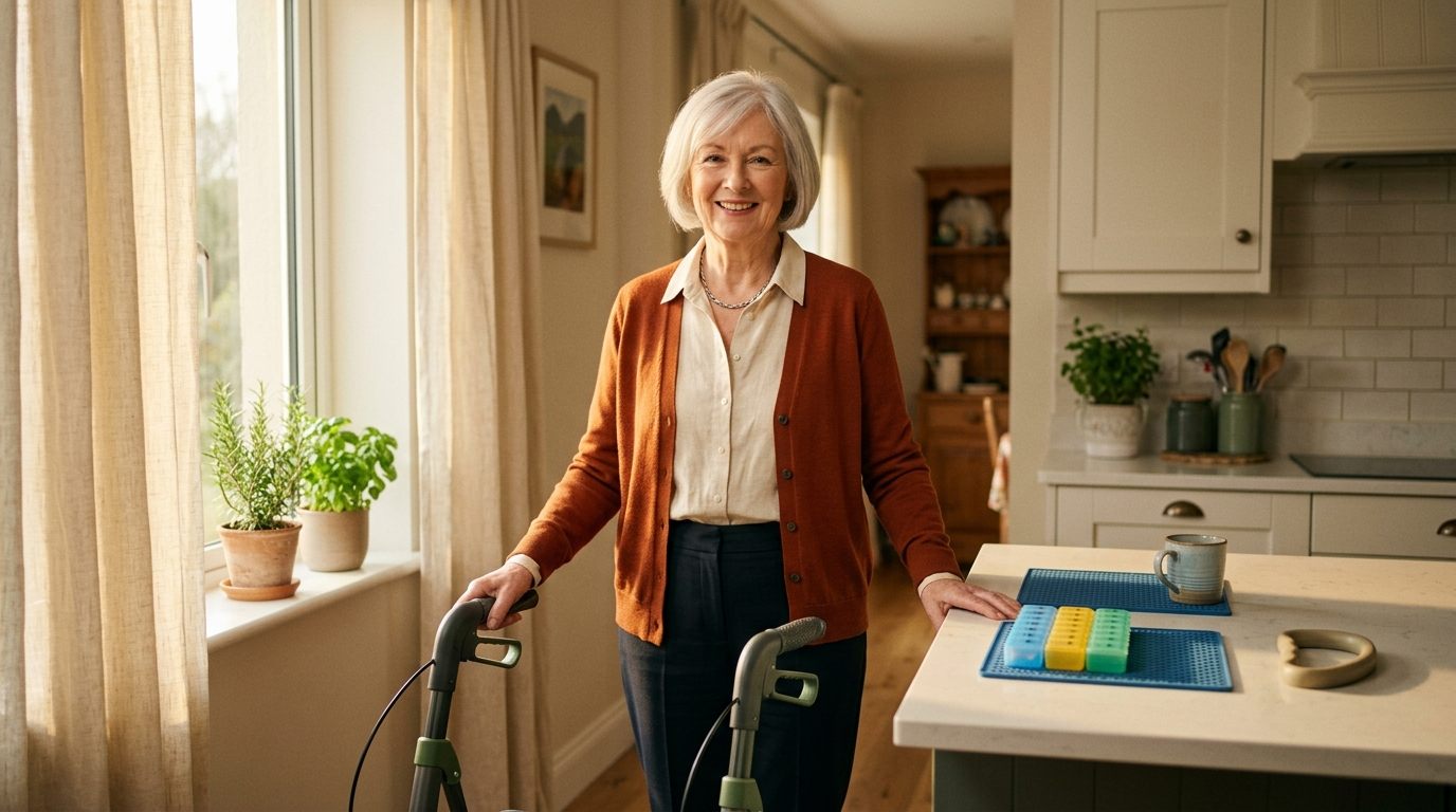 A person standing confidently in a bright Irish kitchen with a rollator frame nearby and daily living aids arranged on the countertop
