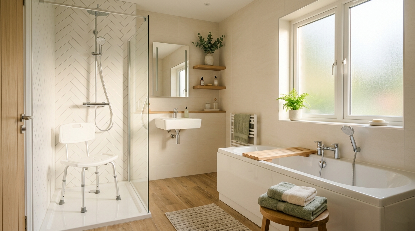 A modern Irish bathroom featuring a shower chair inside a walk-in shower and a bath seat fitted across a bathtub, photographed in warm natural light
