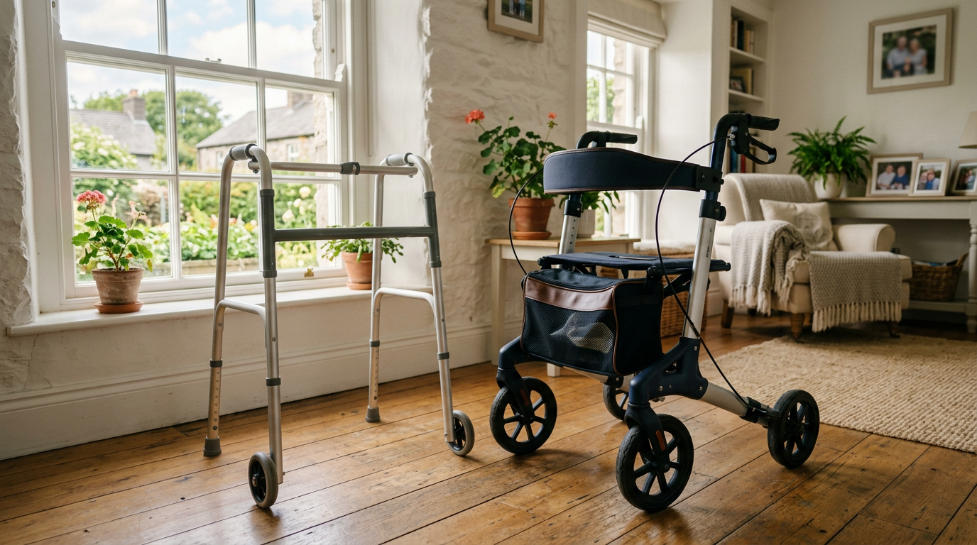 A 2-wheel rollator frame and a 4-wheel rollator with seat displayed side by side in a bright Irish home interior