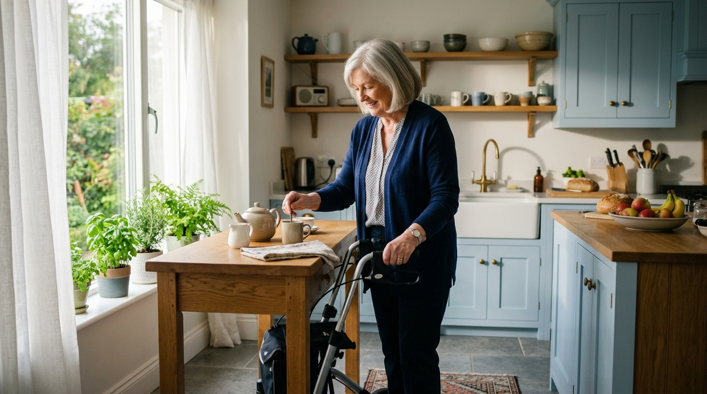 Woman standing confidently in a bright Irish kitchen using a rollator walker for everyday support and stability