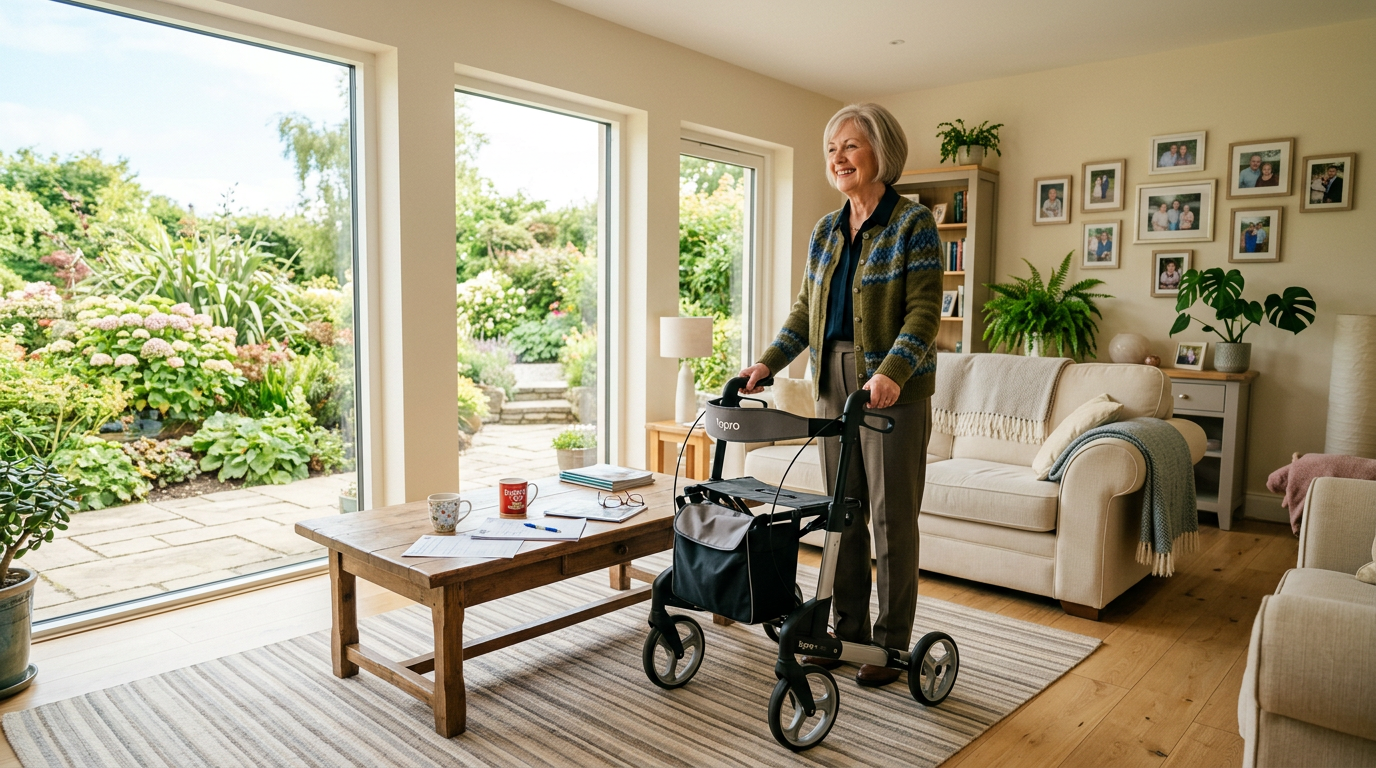Woman standing confidently beside a rollator walker in a bright Irish living room, with grant paperwork on the coffee table nearby
