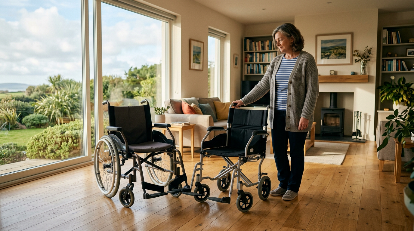 Side-by-side comparison of a manual self-propelled wheelchair and a compact transport wheelchair in a bright Irish home interior
