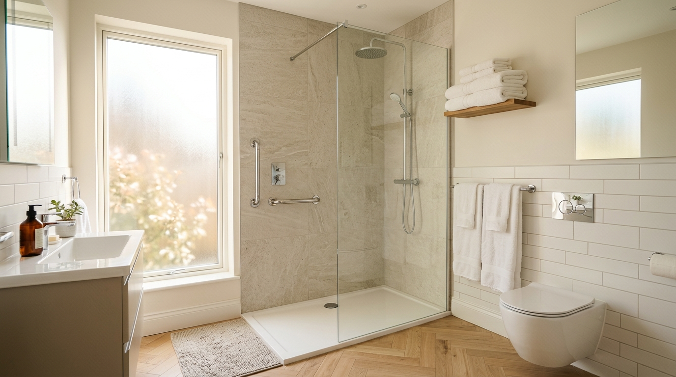 Chrome grab rail mounted beside a modern walk-in shower in an Irish bathroom, providing steady support and stability