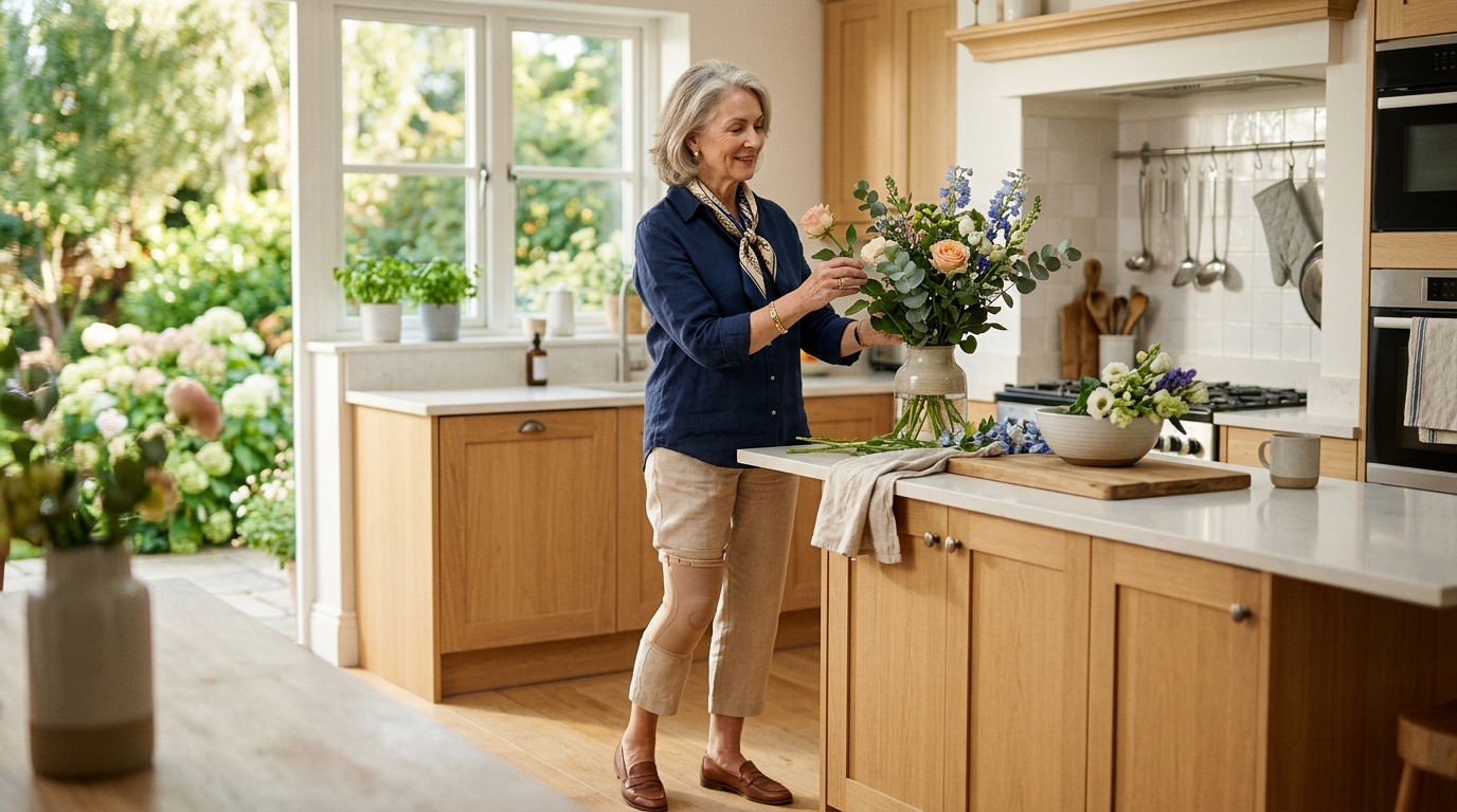Woman wearing a beige knee support brace while standing confidently in a bright Irish kitchen