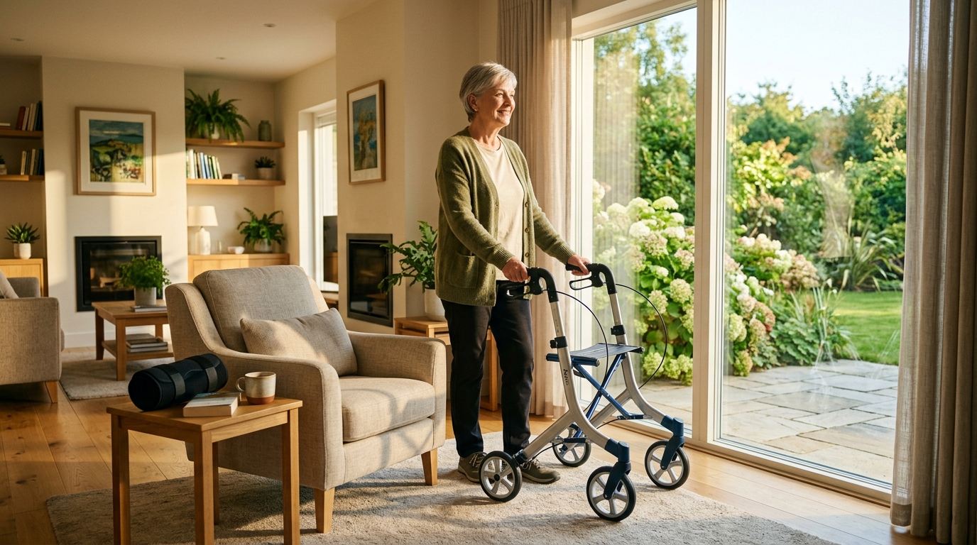 A bright Irish home interior with a rollator walker, joint support, and daily living aids arranged neatly, representing a complete home care equipment setup