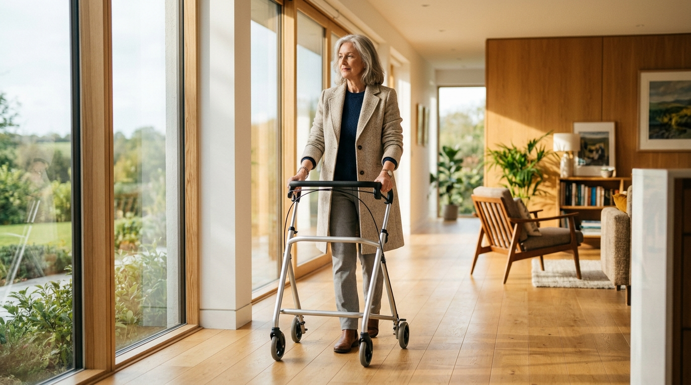 Woman walking confidently through a bright Irish home using a silver rollator walker