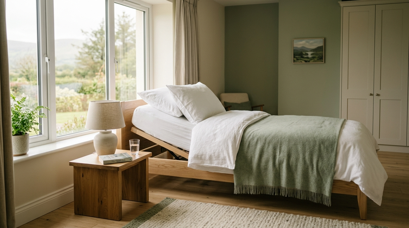 A modern adjustable profiling bed with white linen in a bright, calm Irish bedroom with natural morning light