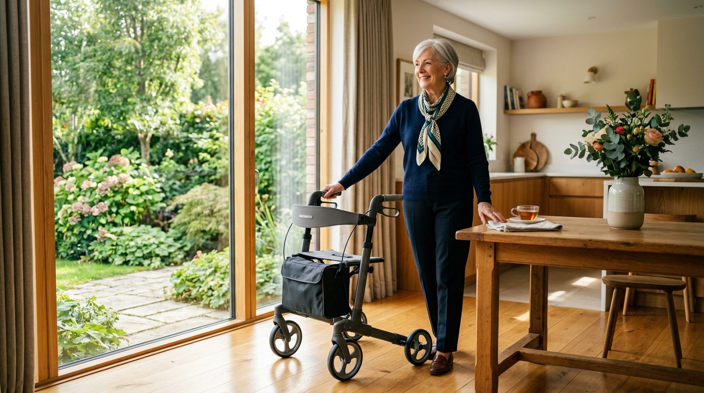 Woman standing confidently in a bright Irish home kitchen using an aluminium rollator walking frame for everyday stability and support