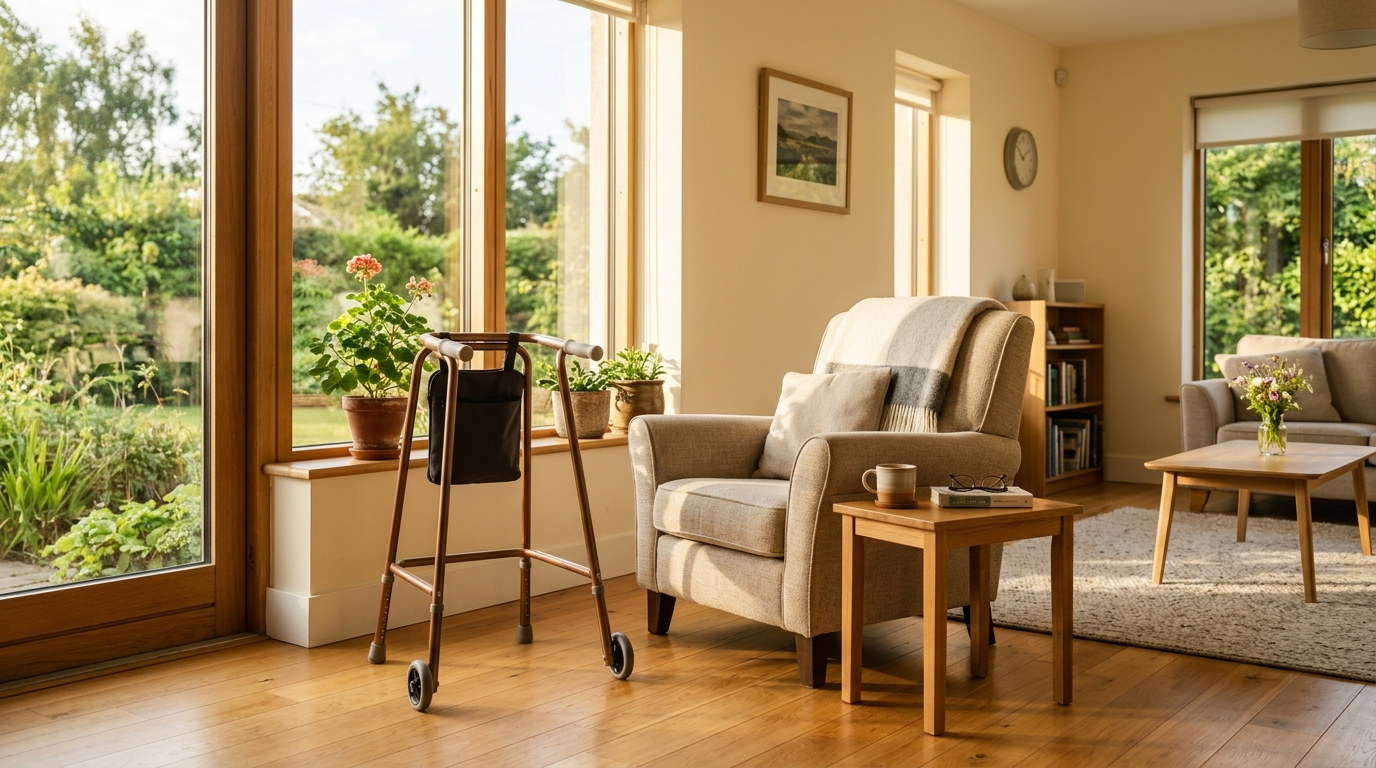 A bright and clutter-free Irish living room with a walking frame positioned near an armchair, representing a safe and comfortable home for independent living