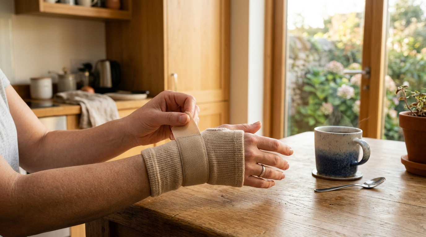 Person fastening a wrist support brace in a bright Irish kitchen with morning light and a cup of tea nearby
