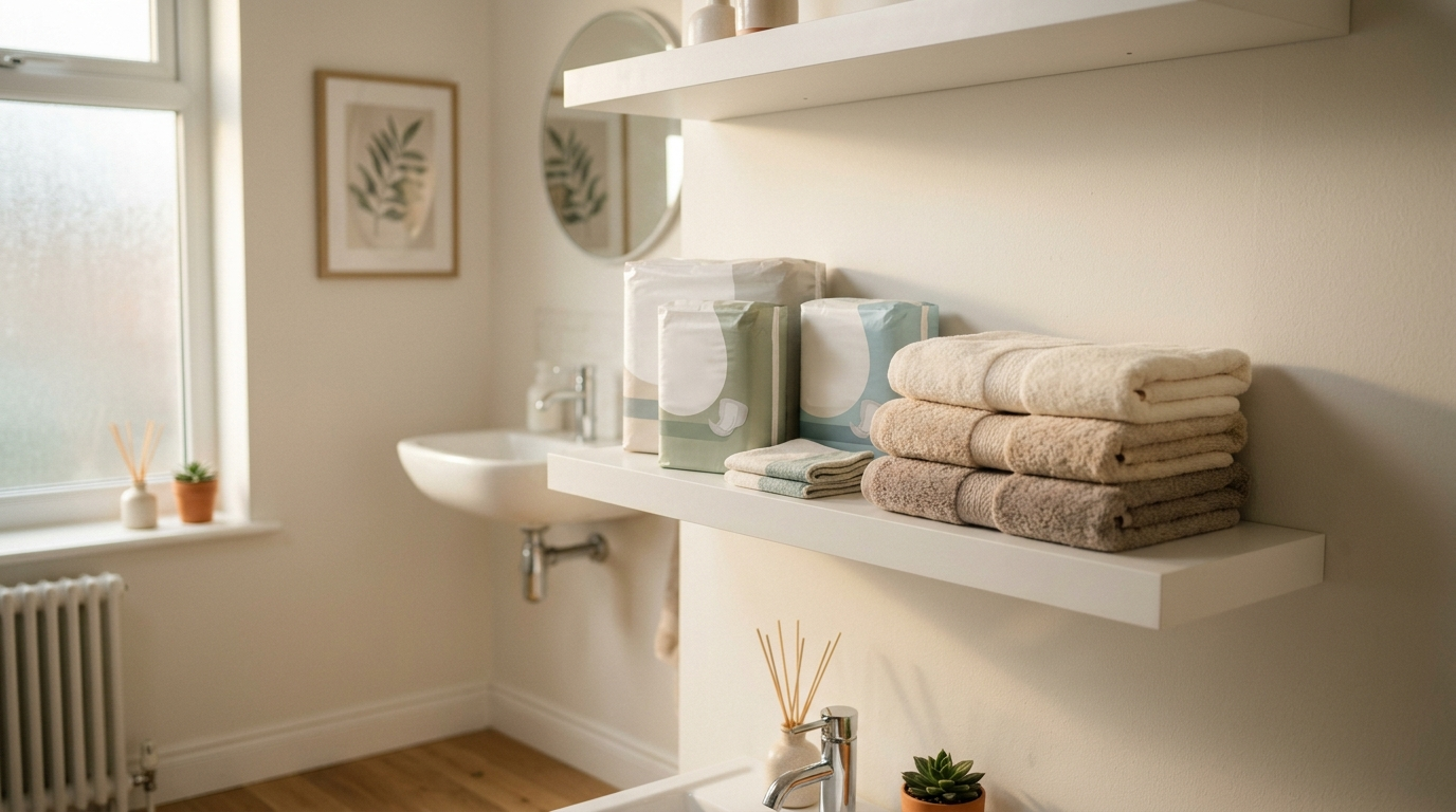 Selection of continence pads neatly arranged on a bathroom shelf in a bright Irish home