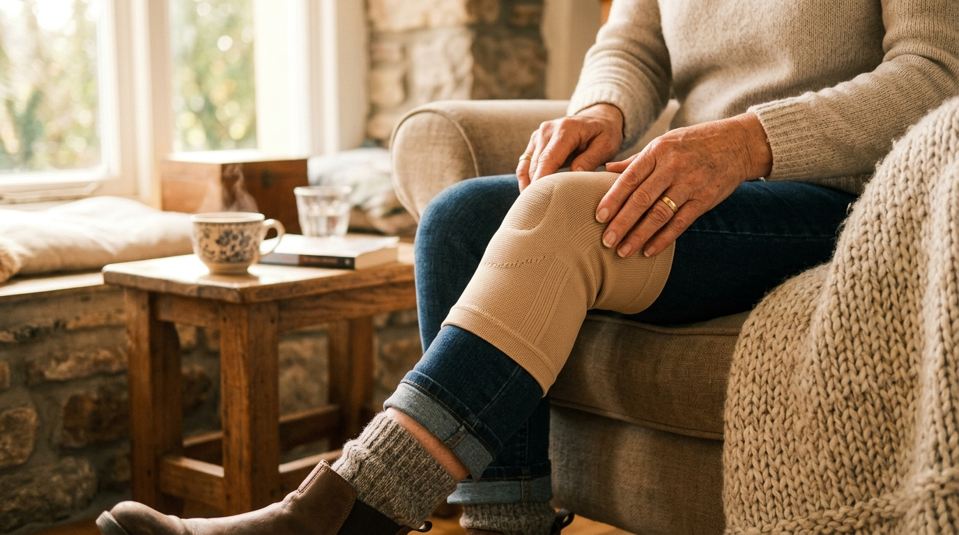 Close-up of a knee joint support being adjusted in a warm Irish home setting