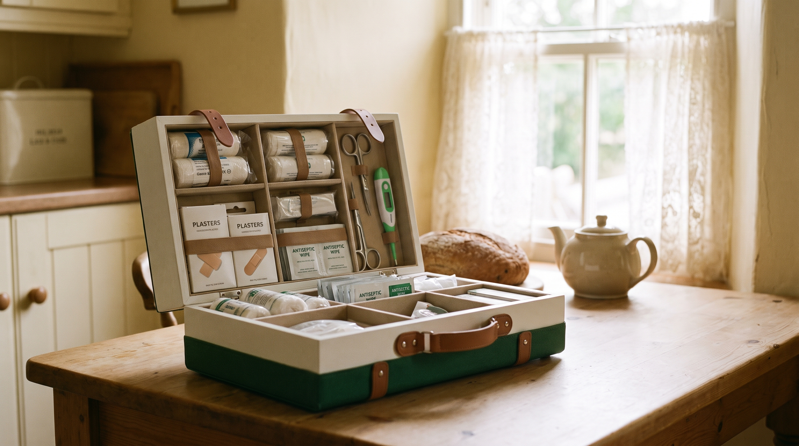 Open home first aid kit box with organised supplies including bandages, plasters, antiseptic wipes, and a thermometer on a wooden kitchen table in an Irish home