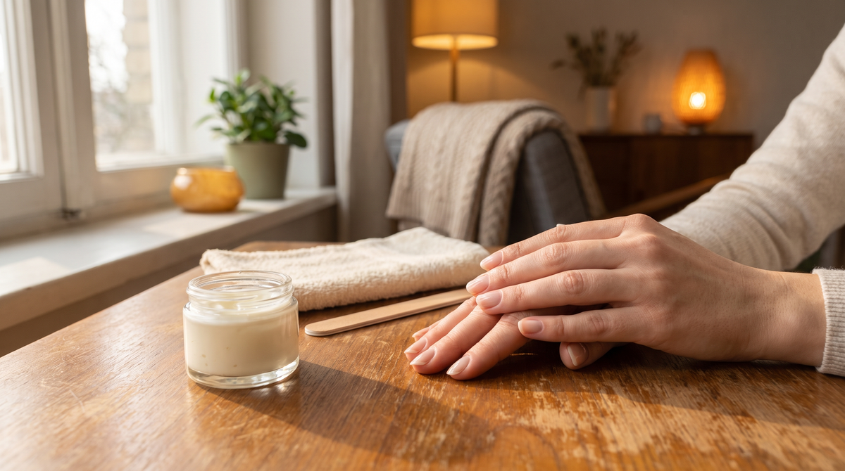 Well-groomed hands resting beside hand cream, a nail file, and a soft towel on a wooden table in a cosy Irish home setting