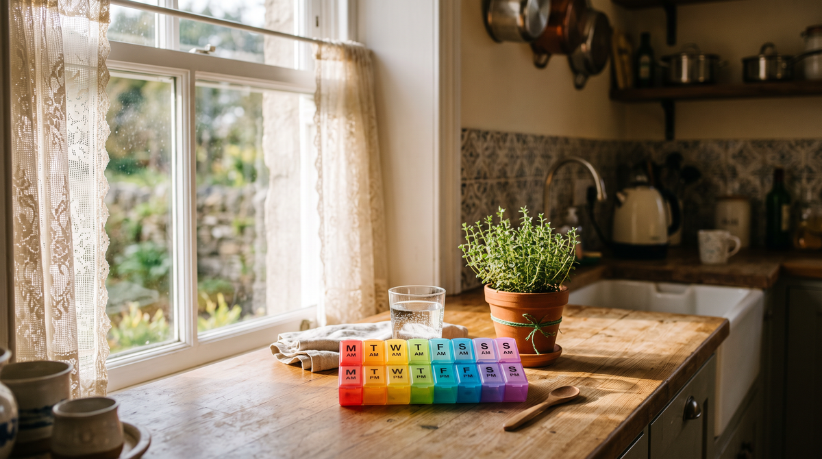 A colourful weekly pill organiser neatly arranged on a bright Irish kitchen countertop beside a glass of water