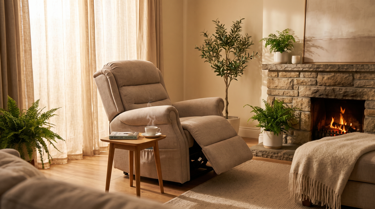 A plush neutral-fabric riser recliner chair in a warm, cosy Irish living room with afternoon sunlight and a stone fireplace