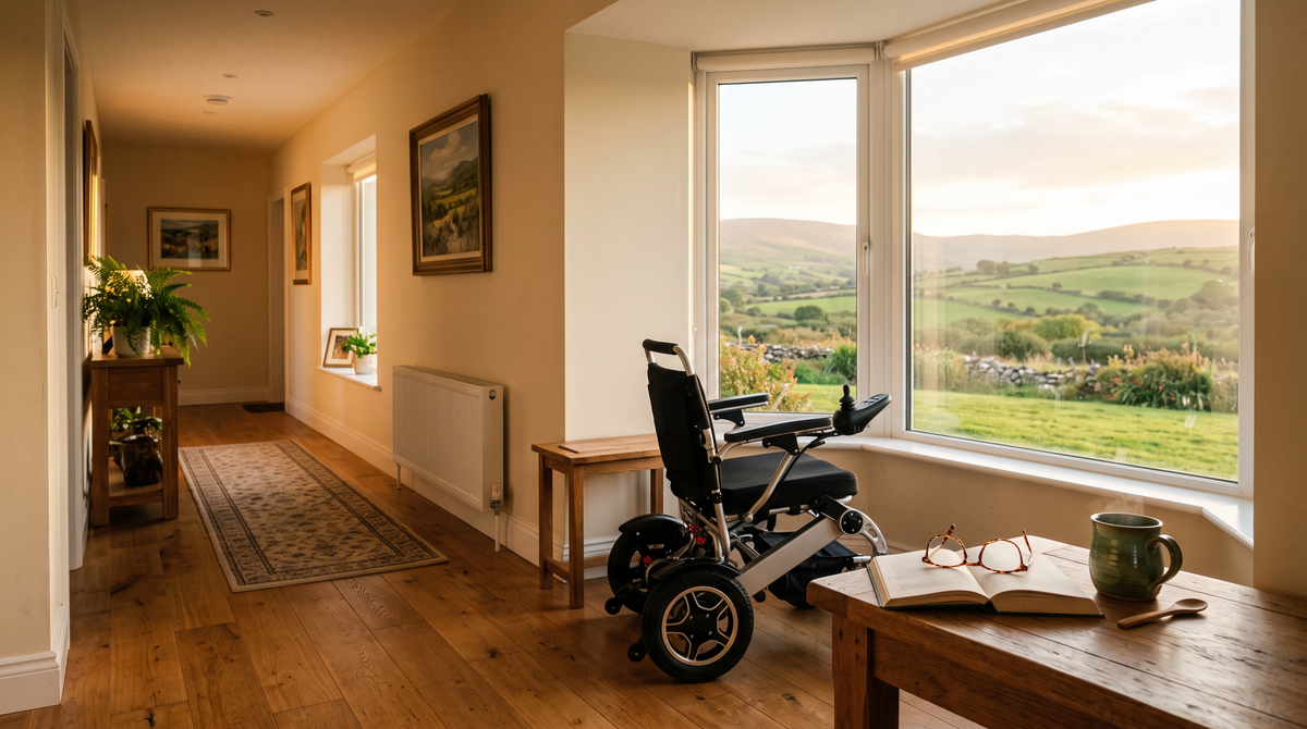 A modern electric wheelchair in a bright Irish home hallway with timber flooring and a window overlooking green countryside