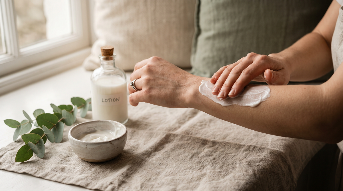 Person gently applying moisturising cream to sensitive skin on their forearm in a calm home setting