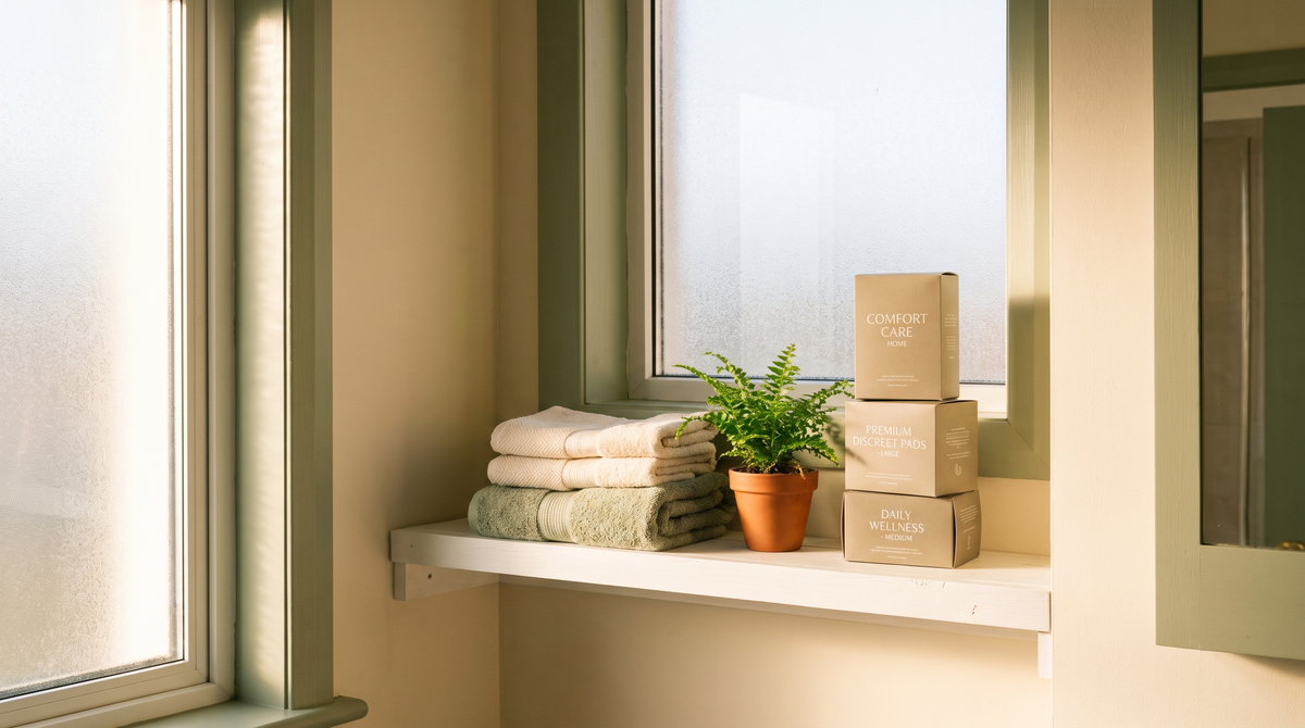 A selection of continence pads arranged neatly on a bathroom shelf in a bright, calm Irish home setting