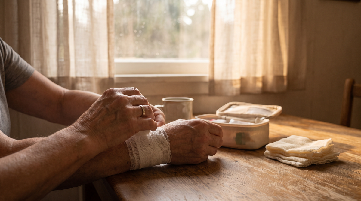 A pair of hands carefully applying a wound dressing to a forearm in a bright, warm Irish home setting