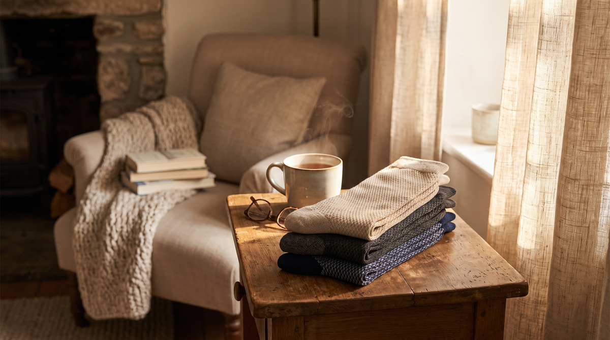 Selection of compression socks and hosiery products arranged on a wooden surface in a warm Irish home setting