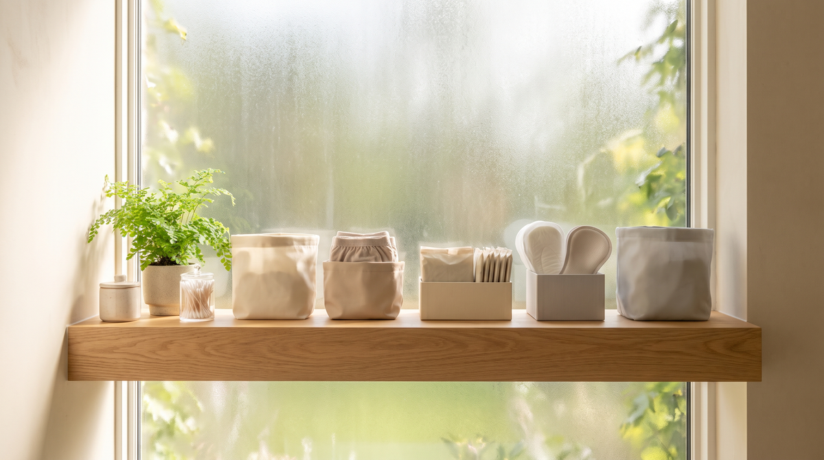 A neatly arranged selection of continence protection products displayed on a bathroom shelf in a bright, modern Irish home