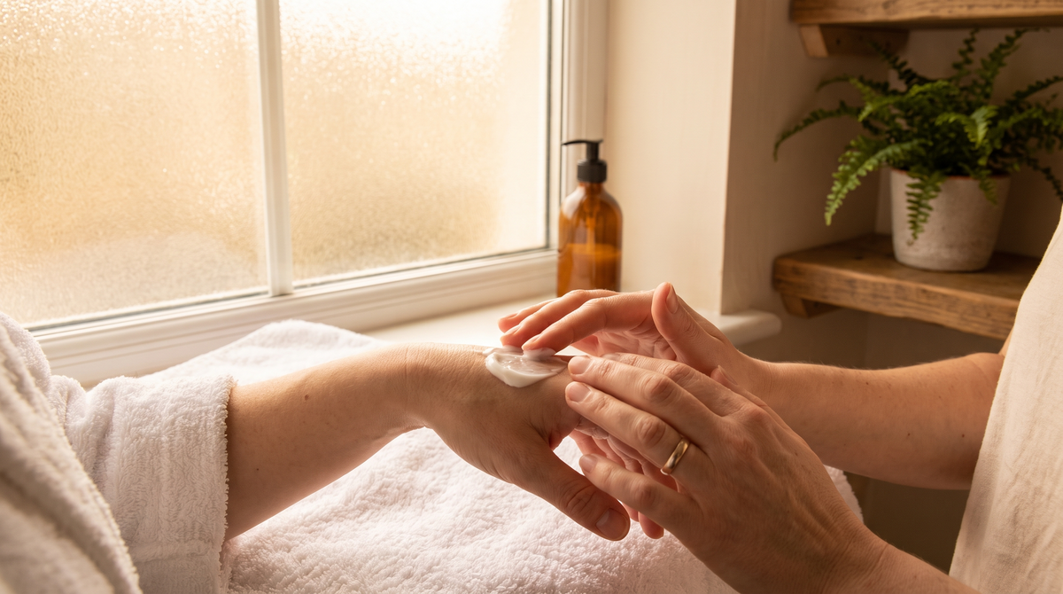 Hands applying a barrier cream for skin protection in a warm Irish home bathroom setting