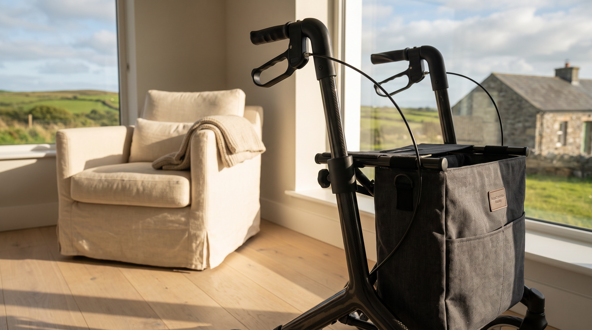 A sleek byACRE carbon fibre rollator displayed in a bright, modern Irish home interior with warm natural light