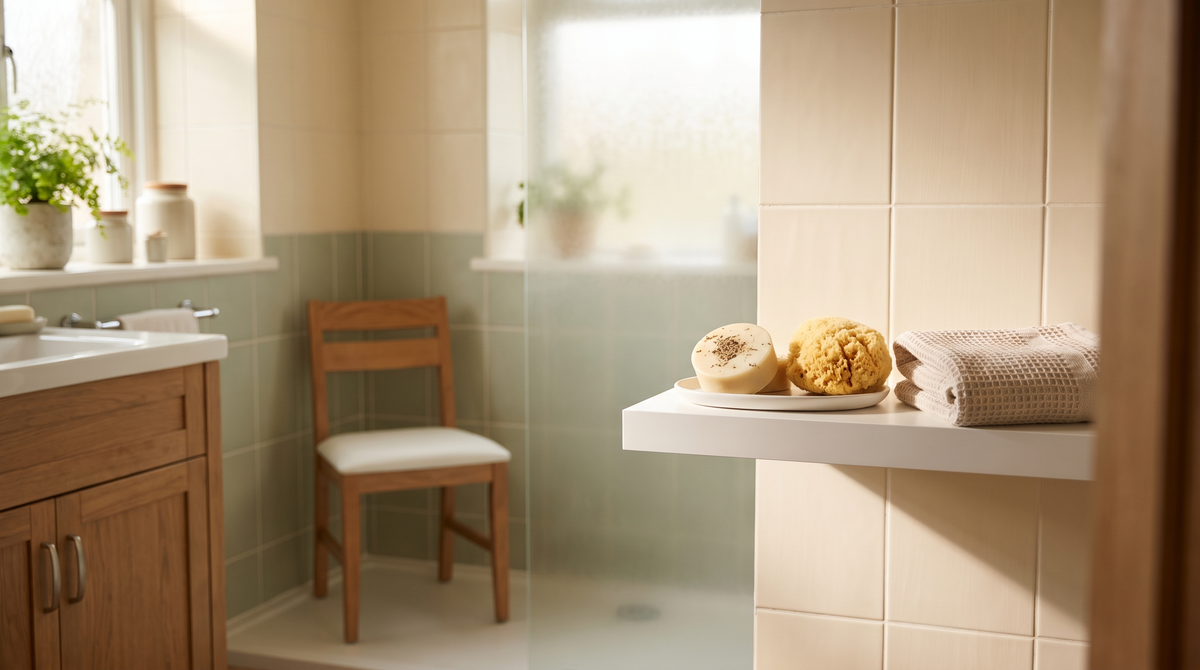Neatly arranged body care and bathing essentials on a bathroom shelf, including soap, sponge, and towel, in a bright Irish home bathroom