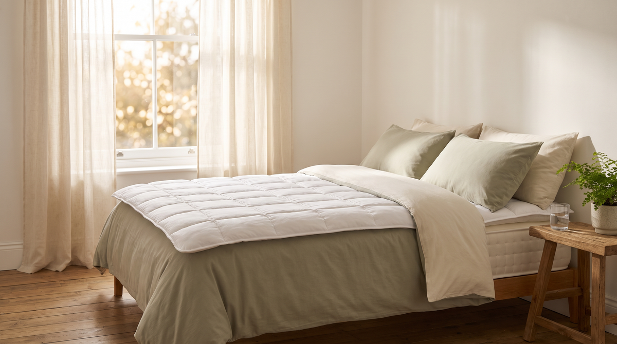 A neatly made bed with a premium pressure-relief mattress in a bright, warmly lit Irish bedroom with soft morning light