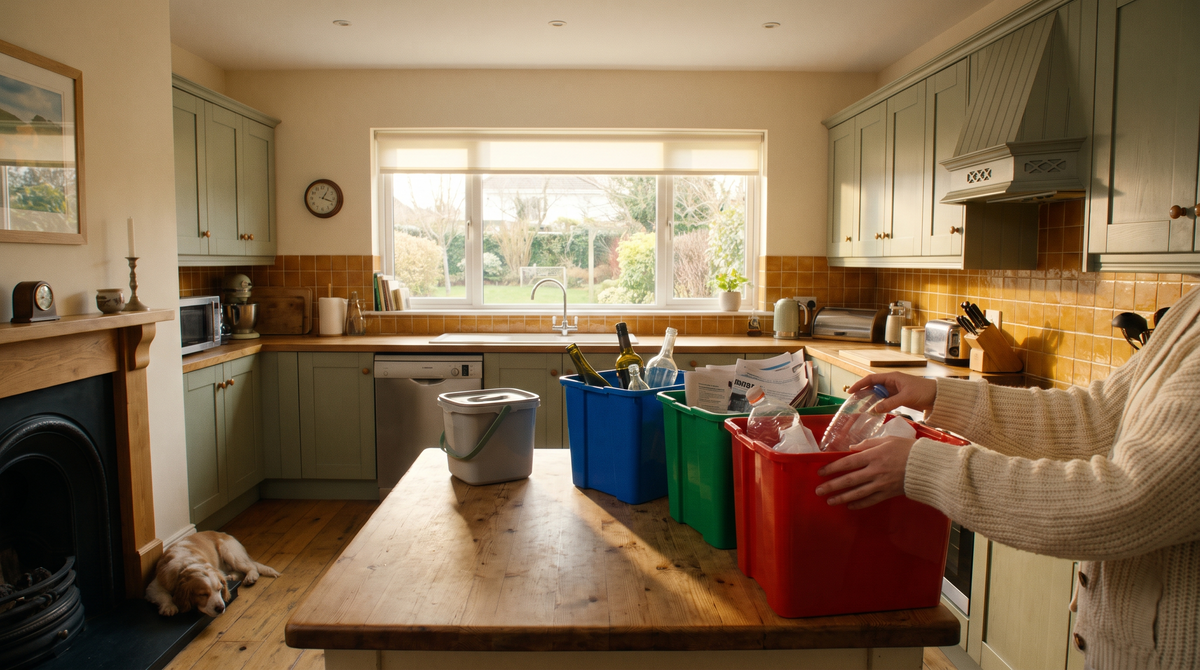 Neatly organised recycling and waste disposal bins on a bright Irish kitchen counter, with hands sorting items into separate containers