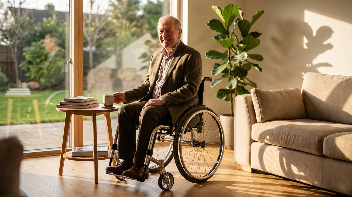 A man seated comfortably in a manual wheelchair in a bright Irish home living room, natural light, warm and independent atmosphere