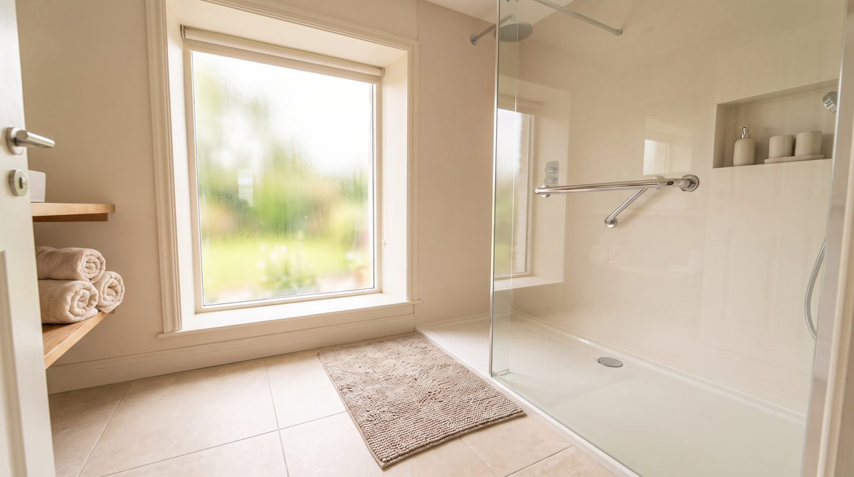 A bright, modern bathroom featuring a textured non-slip mat beside a walk-in shower with grab rails, illustrating bathroom safety at home