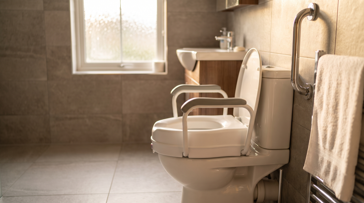 Raised toilet seat with padded armrests installed in a clean, modern Irish bathroom with neutral grey tiles and natural light