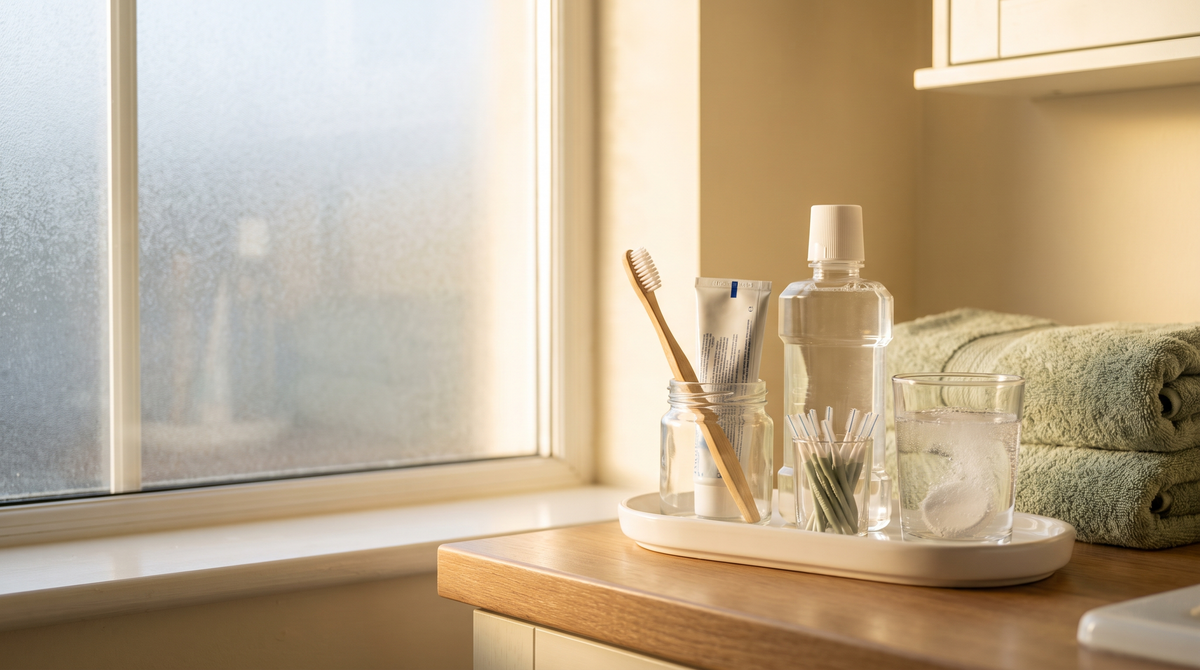 Oral care essentials including toothbrush, toothpaste, mouthwash and denture care products arranged on a bright bathroom countertop