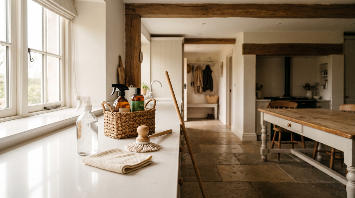 Neatly arranged cleaning supplies on a bright kitchen countertop in an Irish home, including spray bottles, microfibre cloths and a compact mop